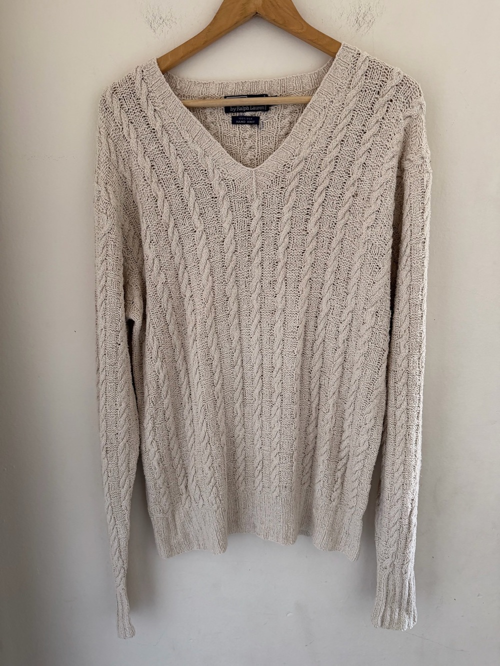 Vintage Polo Ralph Lauren 100% Silk Hand Knit Cable Knit V-Neck Sweater Cream L